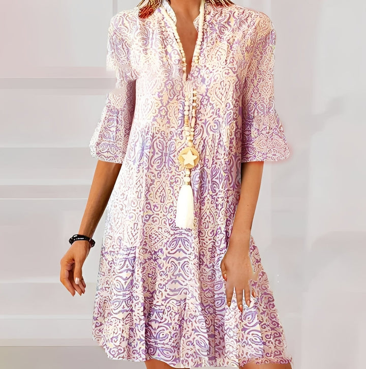 Paula Elegant Mini Dress with Boho Print for Women, view 3 - Elena Harper