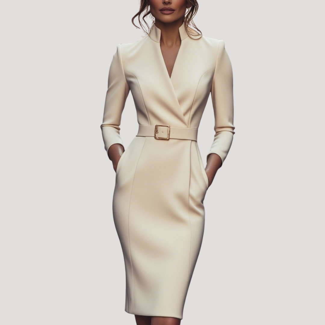 Fitted V-Neck Midi Office Dress for Women