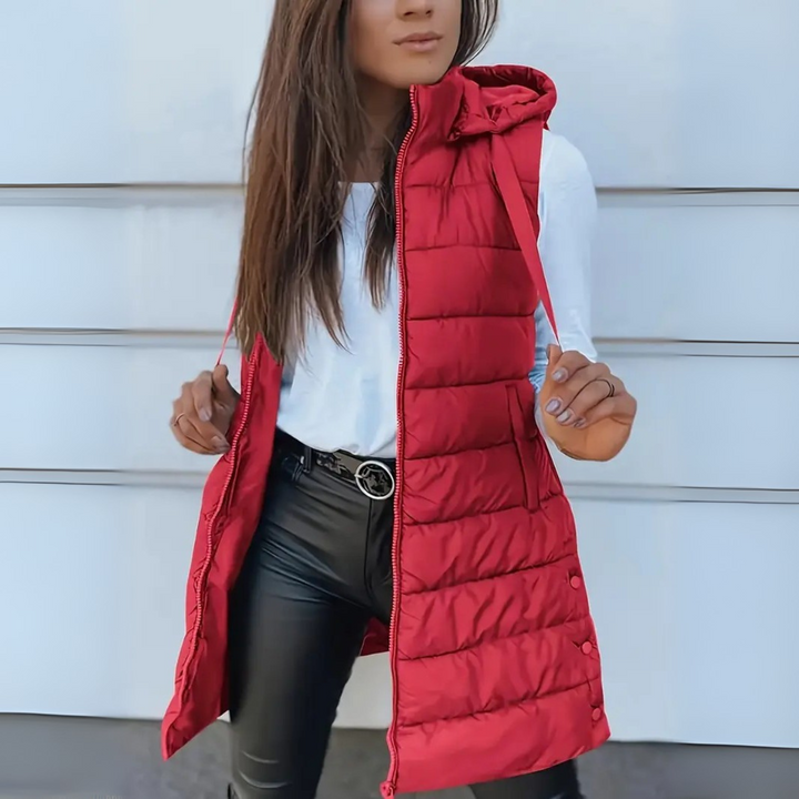 Eirwen Hooded Long Puffer Vest with Lightweight Build for Women - Elena Harper