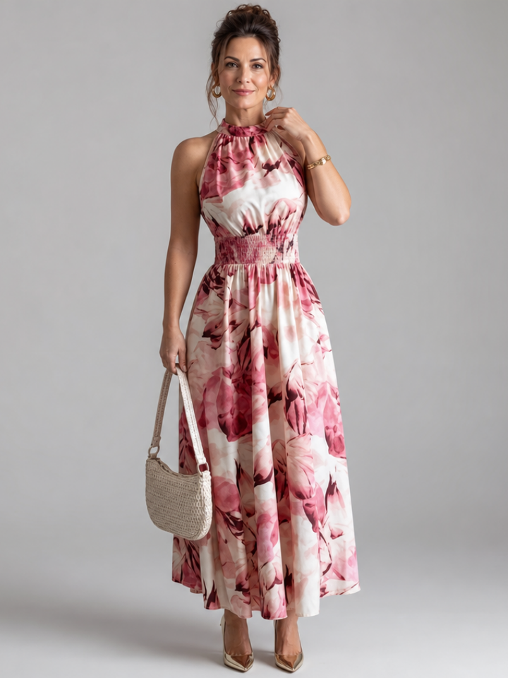 Women's Midi Dress with Abstract Print and Gathered Waist Flowing and Elegant, view 6 - Elena Harper