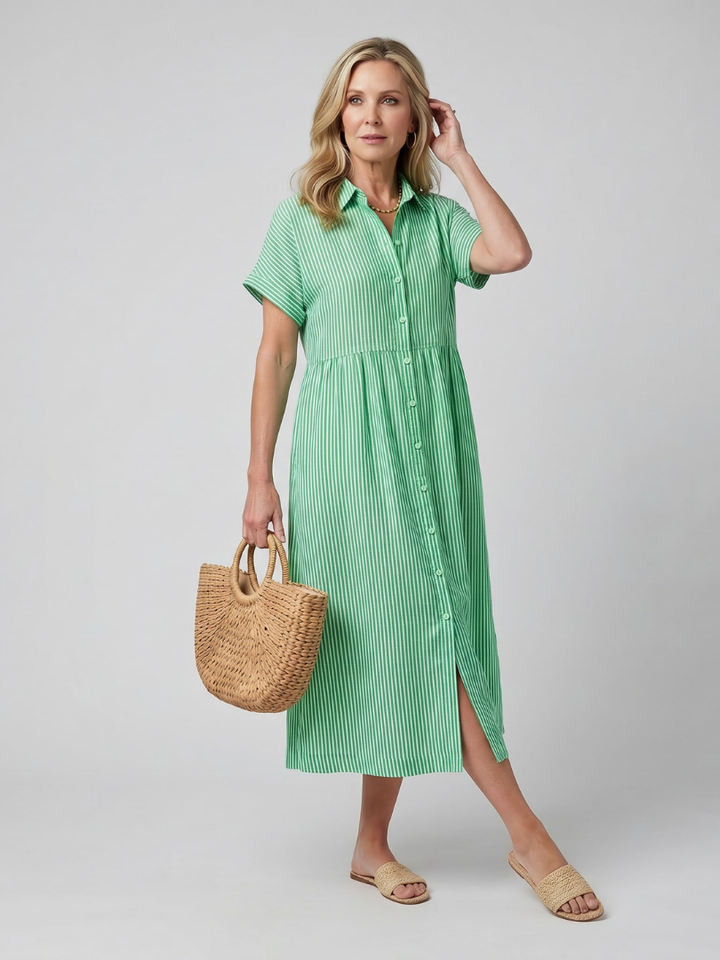 Women's Striped Short Sleeve Button-Front Midi Dress