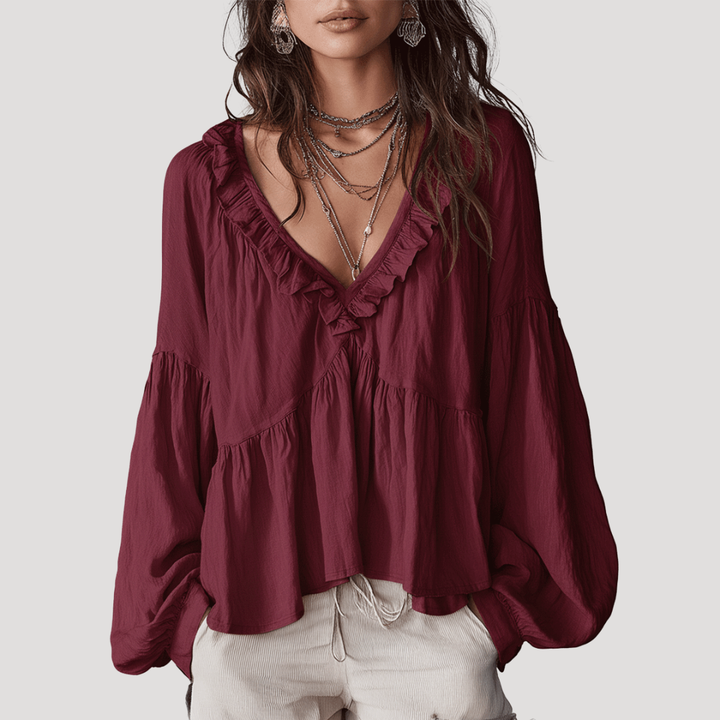 Women's V-Neck Blouse with Ruffles and Long Sleeves