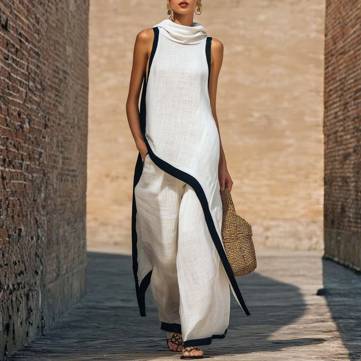 Women's Linen and Cotton Outfit with Asymmetrical Tunic and Wide Pants