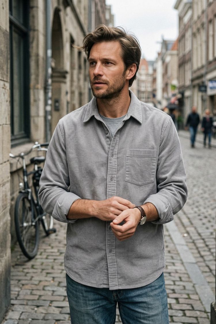 Men's Cord Shirt with Button Placket and Chest Pocket