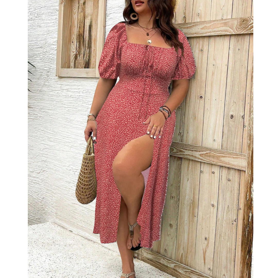 Women's Puff Sleeve Slit Midi Dress - Elegant & Flattering