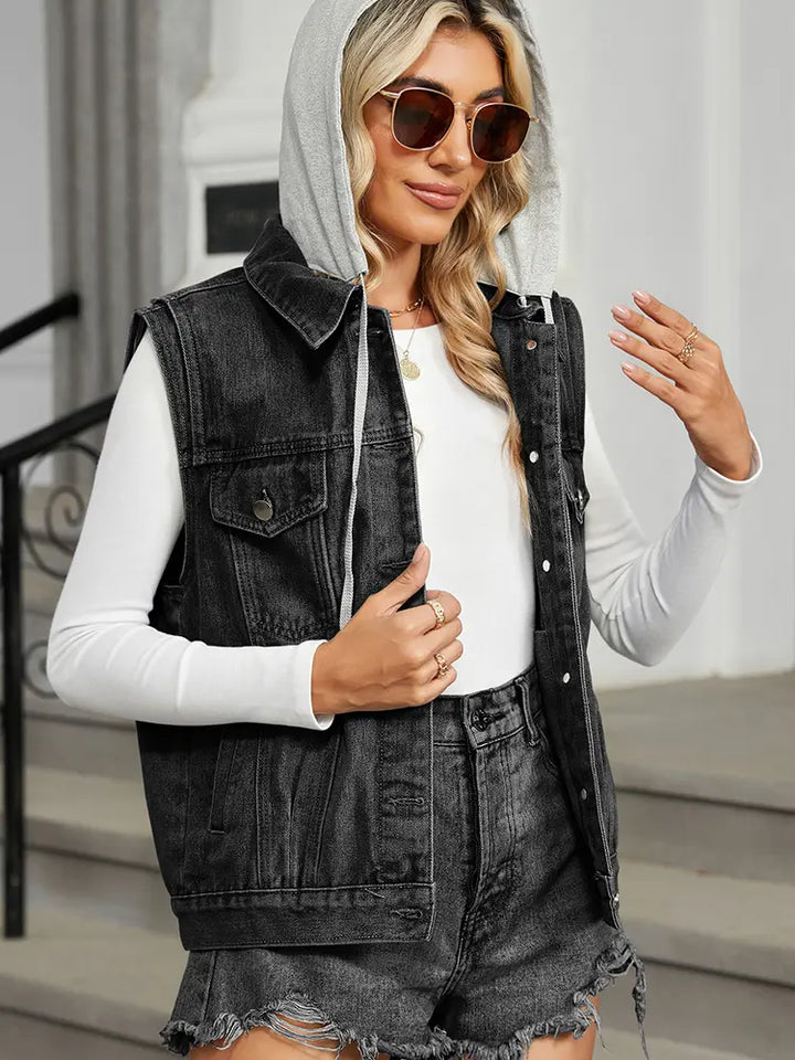 Hooded Denim Vest with Sleeveless Design, view 6 - Elena Harper