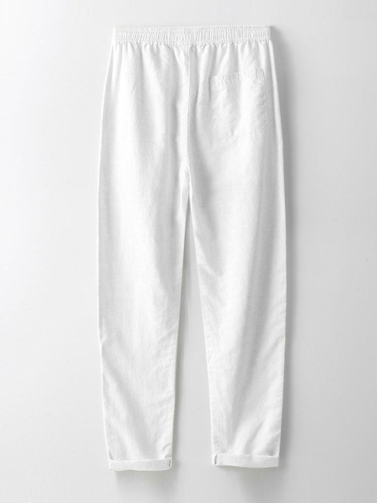 STRIPED KNIT SHIRT WITH BUTTONS & STRAIGHT LINEN PANTS