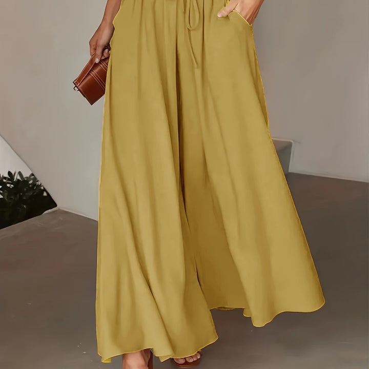 Women's Wide Leg Trousers Elegant Solid Color, Smooth Woven Polyester Fabric Casual Chic All Seasons Micro-Elastic Waist Long and Loose Fit, view 8 - Elena Harper