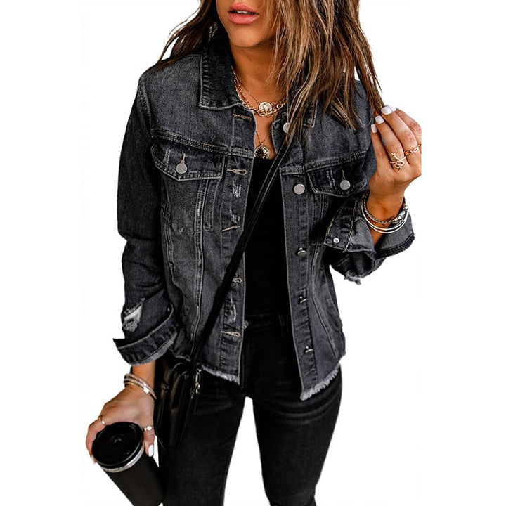 Women's Autumn Denim Jacket with Button Closure and Long Sleeves