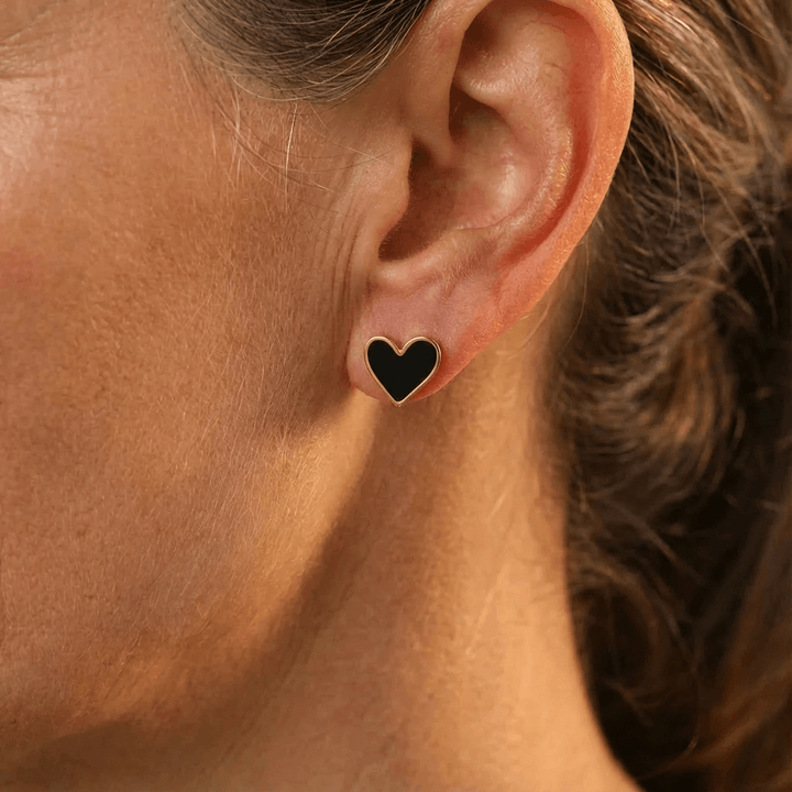 Elegant Boho Black Enamel Heart Stud Earrings - Elena Harper