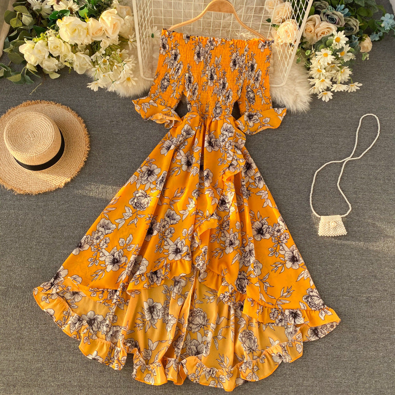 Women’s Midi Dress with Off-Shoulder, Short Sleeves, and Ruffles – Summer Style