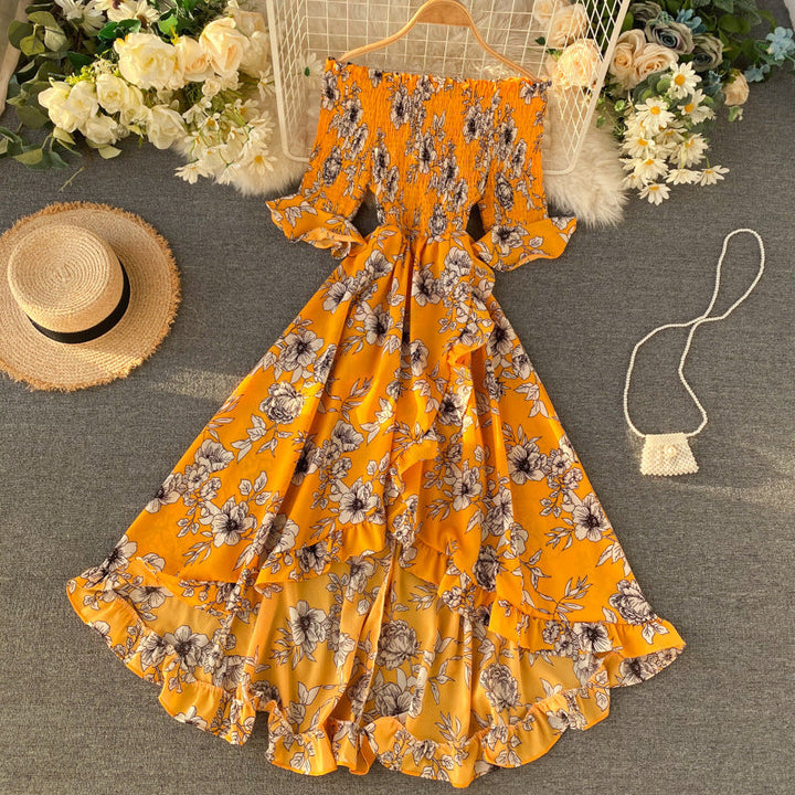 Women’s Midi Dress with Off-Shoulder, Short Sleeves, and Ruffles – Summer Style