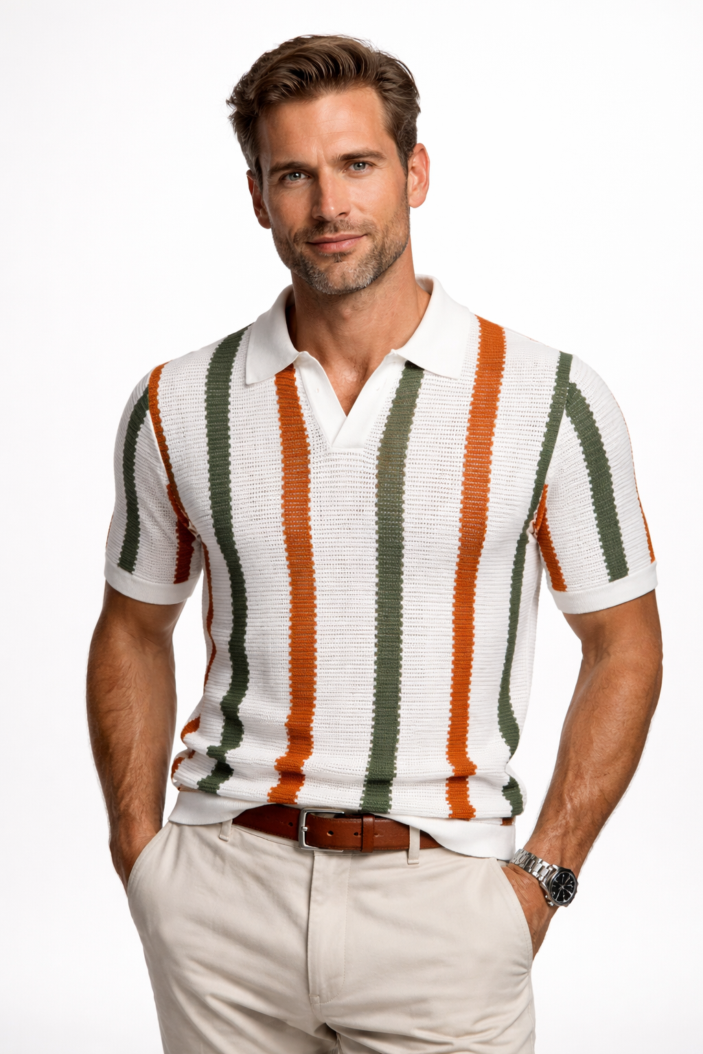 Men's Vertical Stripe Knit Polo Shirt – Open Collar Style
