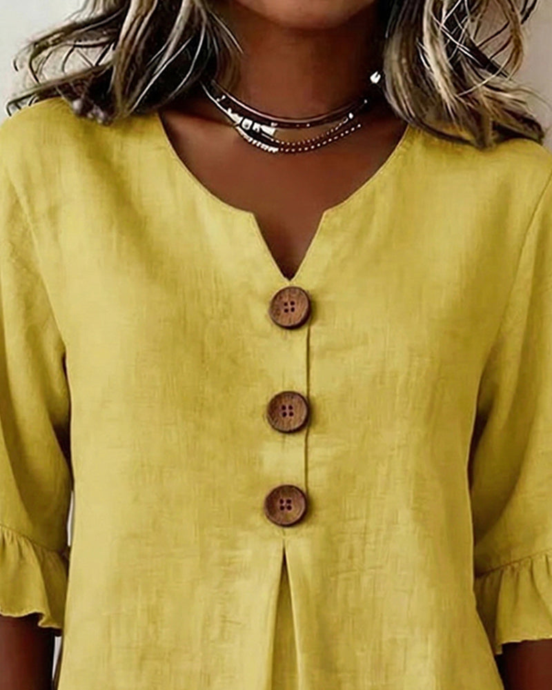 Janet V-Neck Blouse with Wooden Buttons and Ruffled Sleeves - Elena Harper