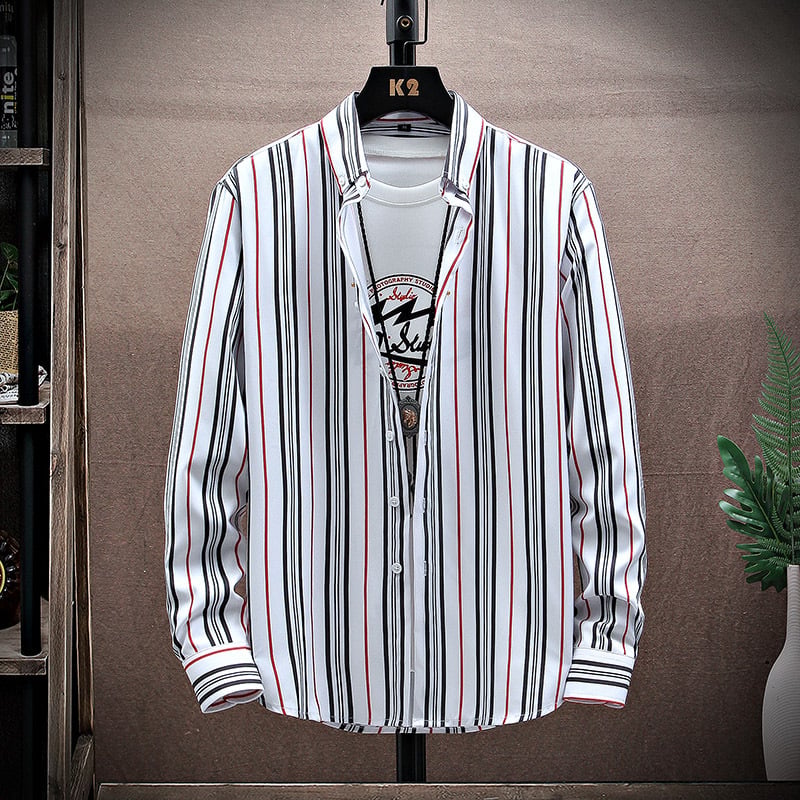 Men's Long Sleeve Shirt with Notched Collar and Striped Pattern