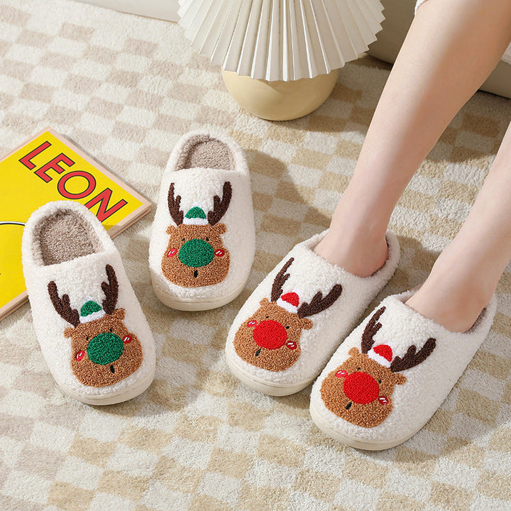 Reindeer Cheer | Cream Reindeer Print Christmas Slippers For Women