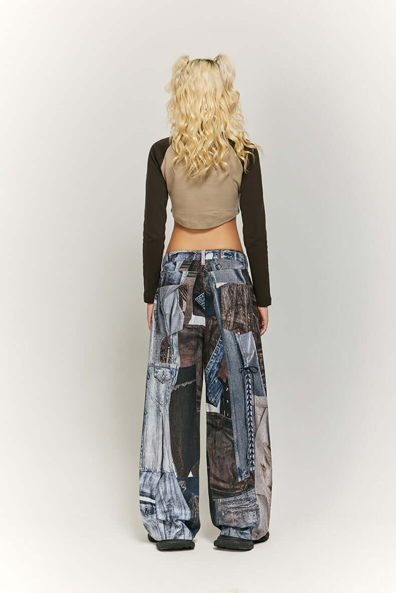 Women's Wide Leg Patchwork Print Trousers