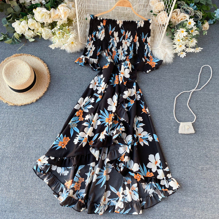 Women’s Midi Dress with Off-Shoulder, Short Sleeves, and Ruffles – Summer Style