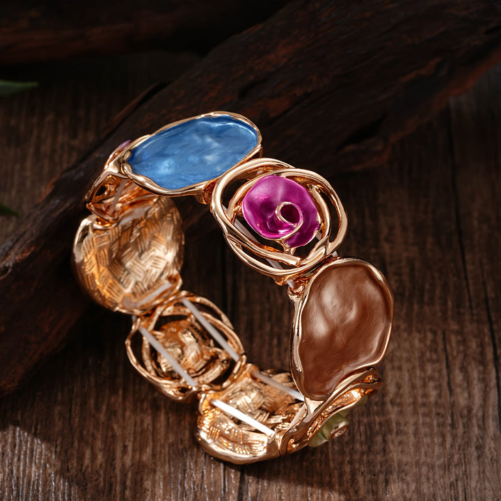 Bohemian Round Flower Geometric Design Cuff Elastic Bracelet - Elena Harper