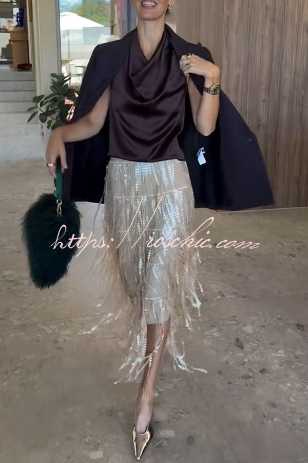 Champagne Party Layered Sequined Tassels Mid Rise Elastic Waist Midi Skirt, view 7 - Elena Harper