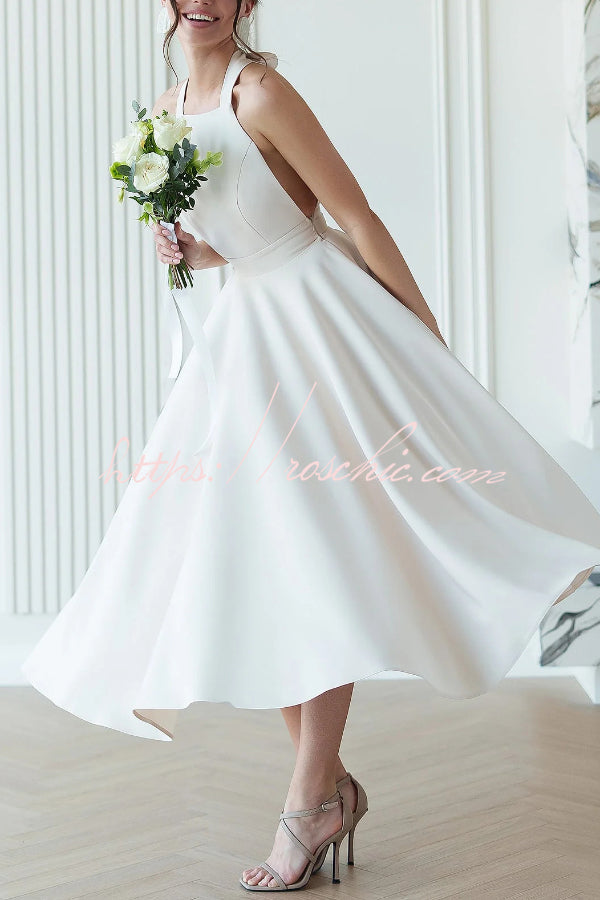 Solid Color Halter Neck Bow Tie Elegant Waist-cinching Midi Dress, view 7 - Elena Harper
