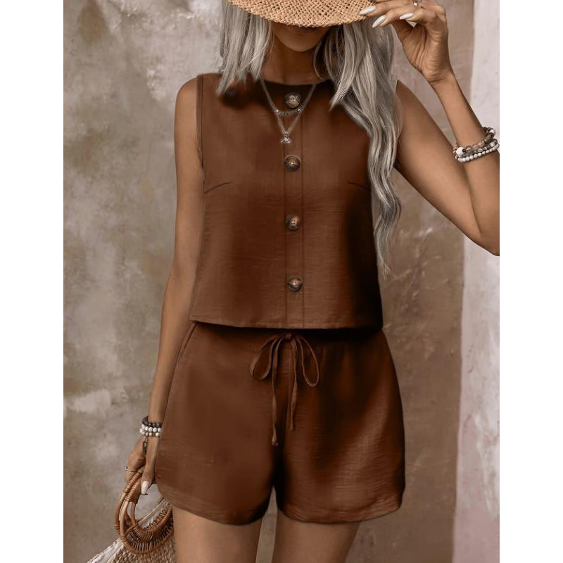 Summer Women's Set with Sleeveless Button Top and Adjustable Shorts
