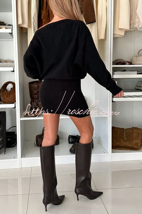 Sexy and Comfortable Knit Boat Neck Long Batwing Sleeve Ribbed Hem Mini Dress