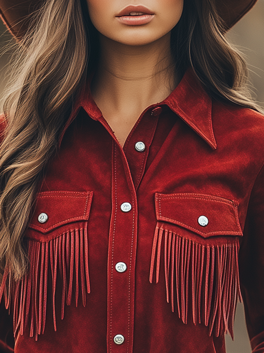Outdoor Western Cowboy Red Suede Lapel Tassel Long Sleeve Shirt, view 4 - Elena Harper