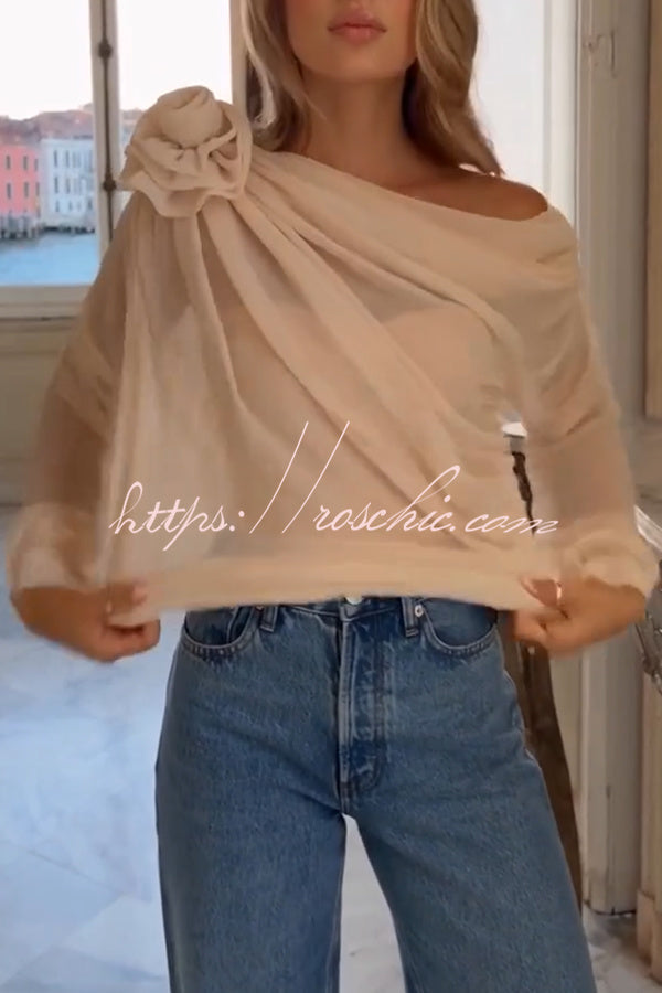 Nayla Chiffon 3D Floral One Shoulder Long Balloon Sleeve Drape Blouse