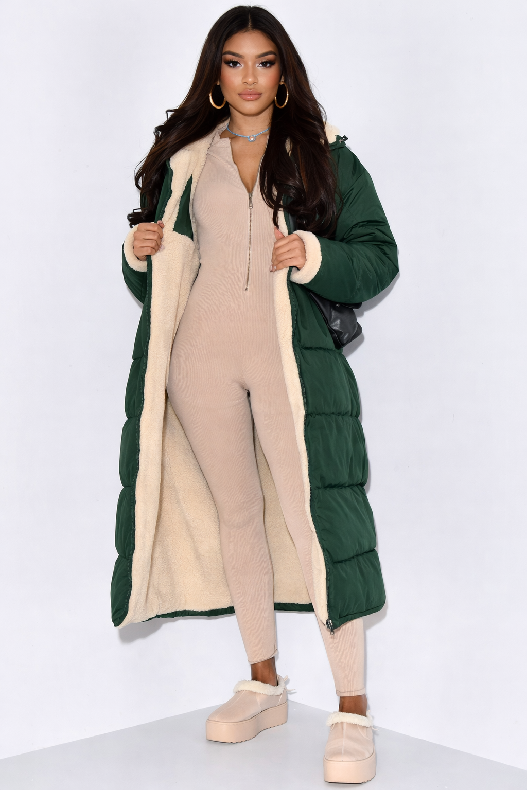 Reversible Women's Quilted Coat with Hood, Ankle-Length, view 3 - Elena Harper