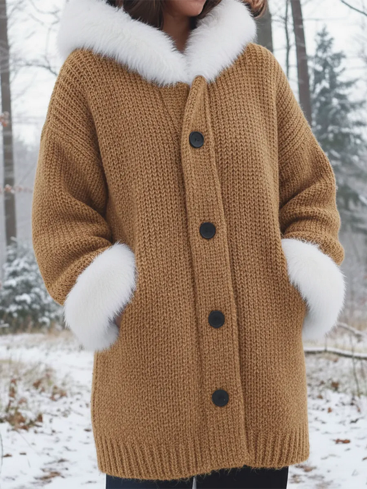 Nodia - Faux Fur Trim Knitted Hooded Coat