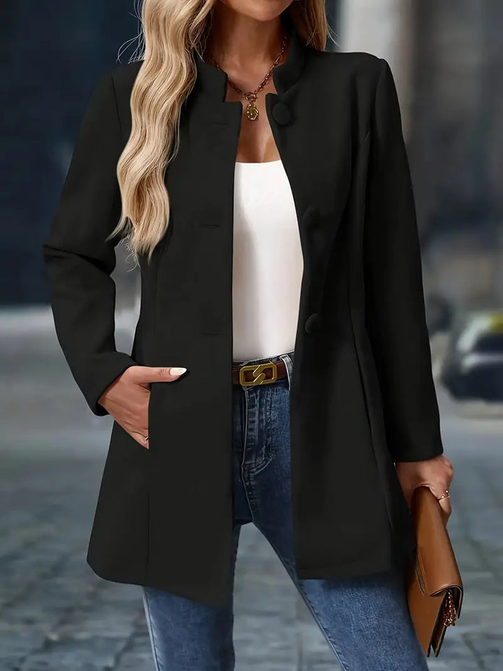 Manon Elegant Buttoned High Collar Jacket, view 2 - Elena Harper