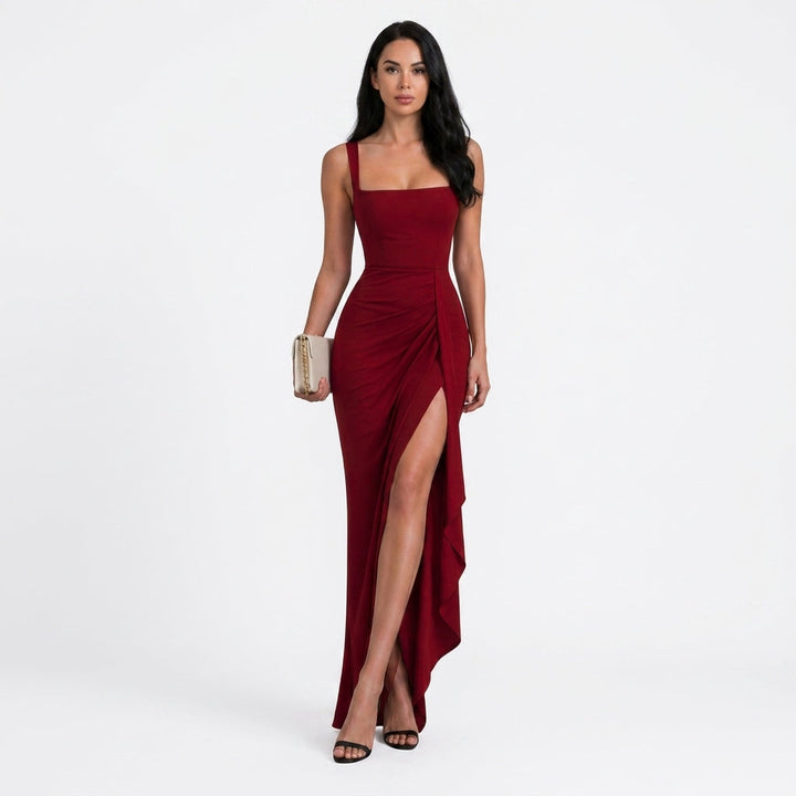 Burgundy Split Maxi Dress Wedding Guest Evening Outfit