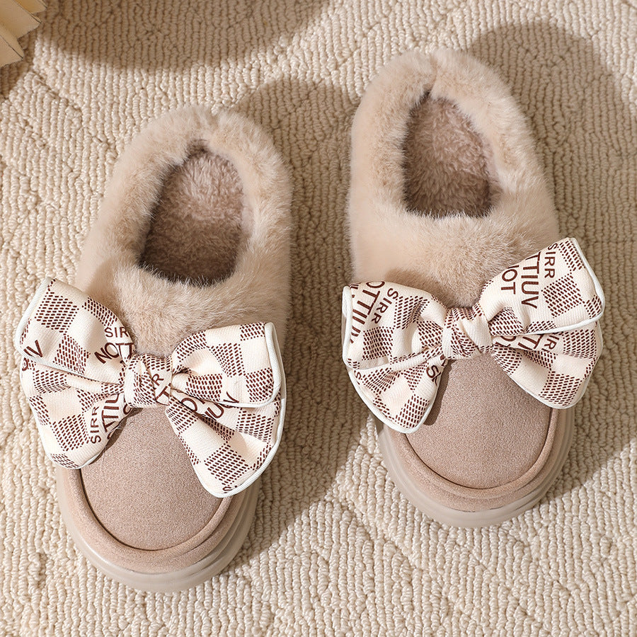 Women's Home Slippers with Fuzzy Effect and Decorative Bow - Mairene