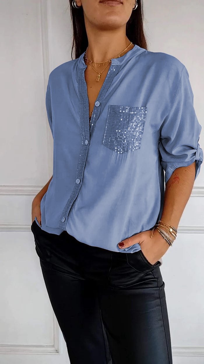 Women's Sequin Trim Button-Up Shirt - Elegant & Versatile