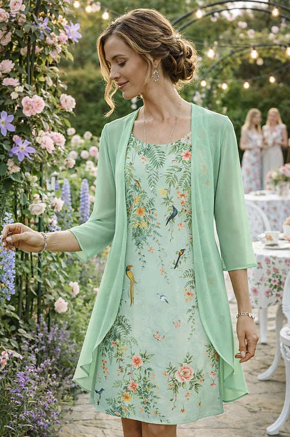 Women's Floral Dress Set with Matching Lightweight Cardigan