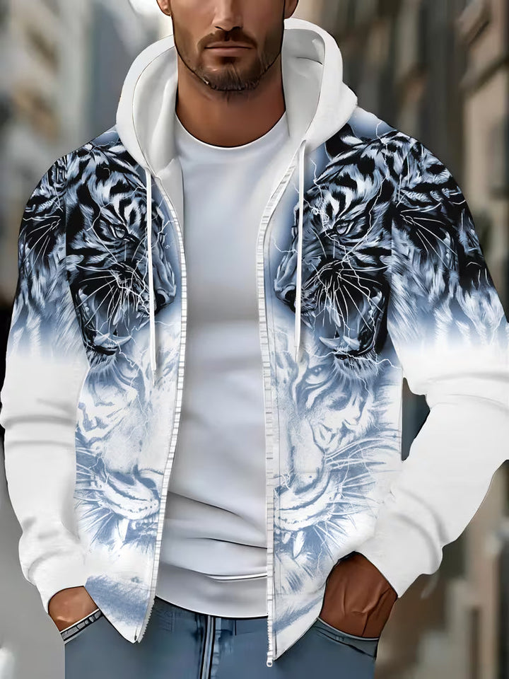Luciano - Tiger Pattern Hooded Sweatshirt With Zipper