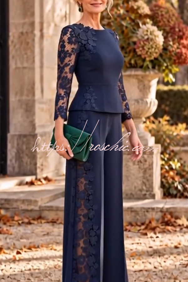 Embroidered Floral Lace Patchwork Flare Hem Top and Elastic Waist Pocket Wide Leg Pants Set