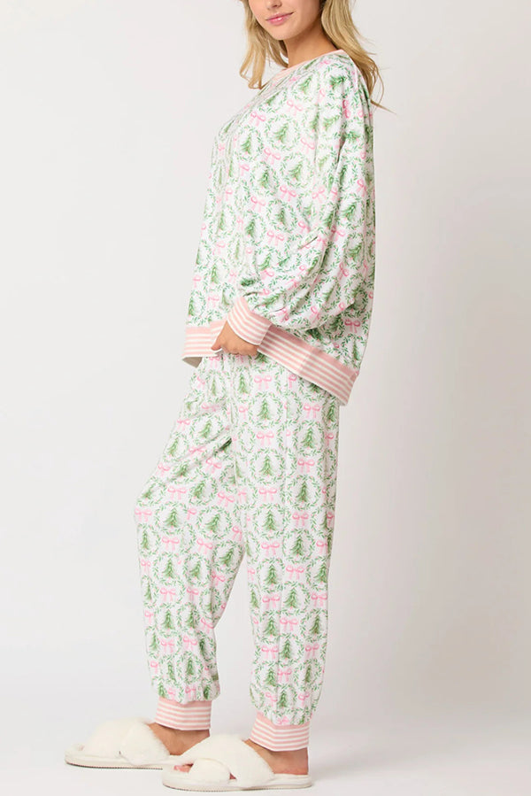 Christmas Print Loose Long-sleeved Top and Elastic Waist Casual Pants Set, view 9 - Elena Harper