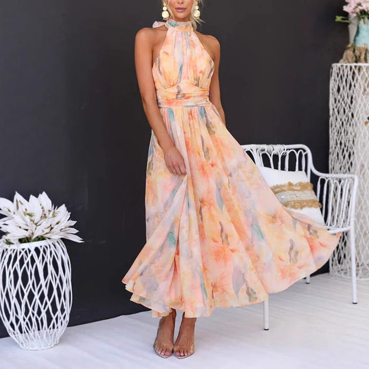 Women's Long Vacation Style Sleeveless Dress with Print and Open Back – Polyester Blend