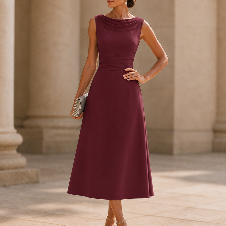 Draperie Draped-Neck Pleated A-Line Wedding Guest Dress - Elena Harper