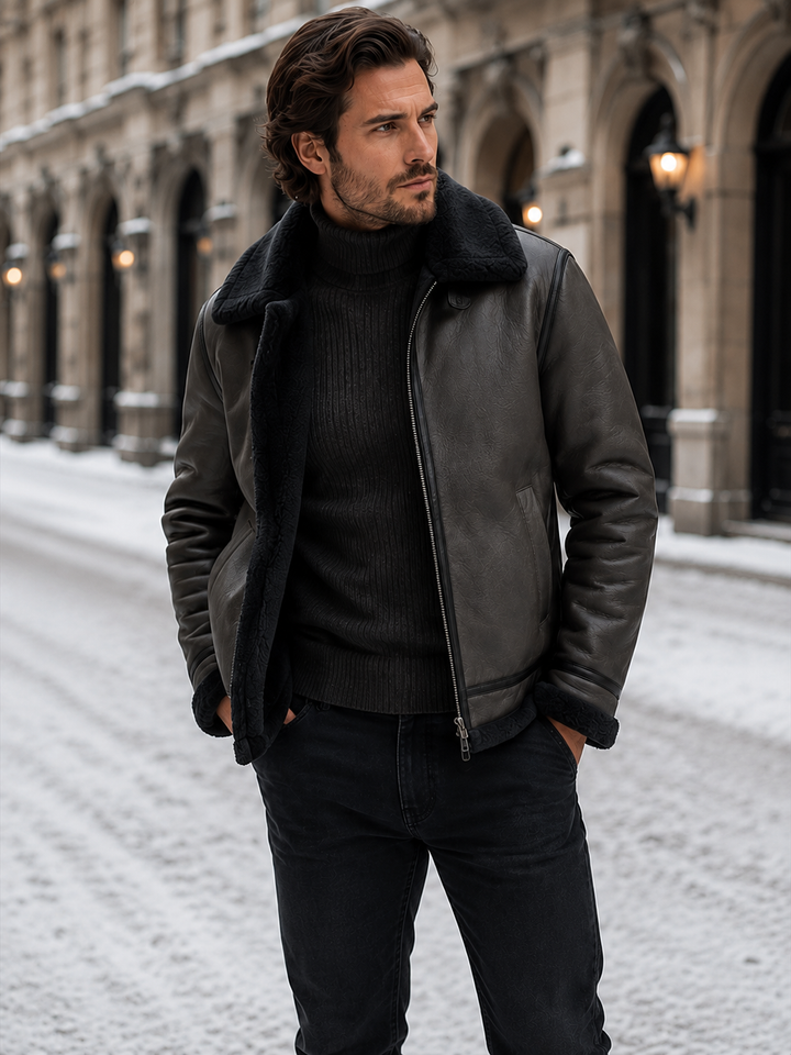 Men's Aviator Jacket Montarello Leather Look Lined with Sheepskin