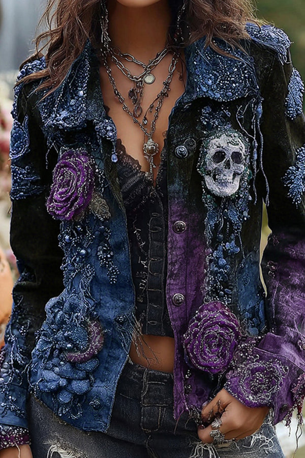 Unique Printed Lapel Long-sleeved Personalized Denim Jacket