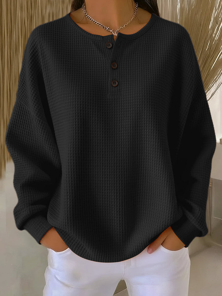 Anne Waffle-Knit Collared Sweatshirt - Elena Harper