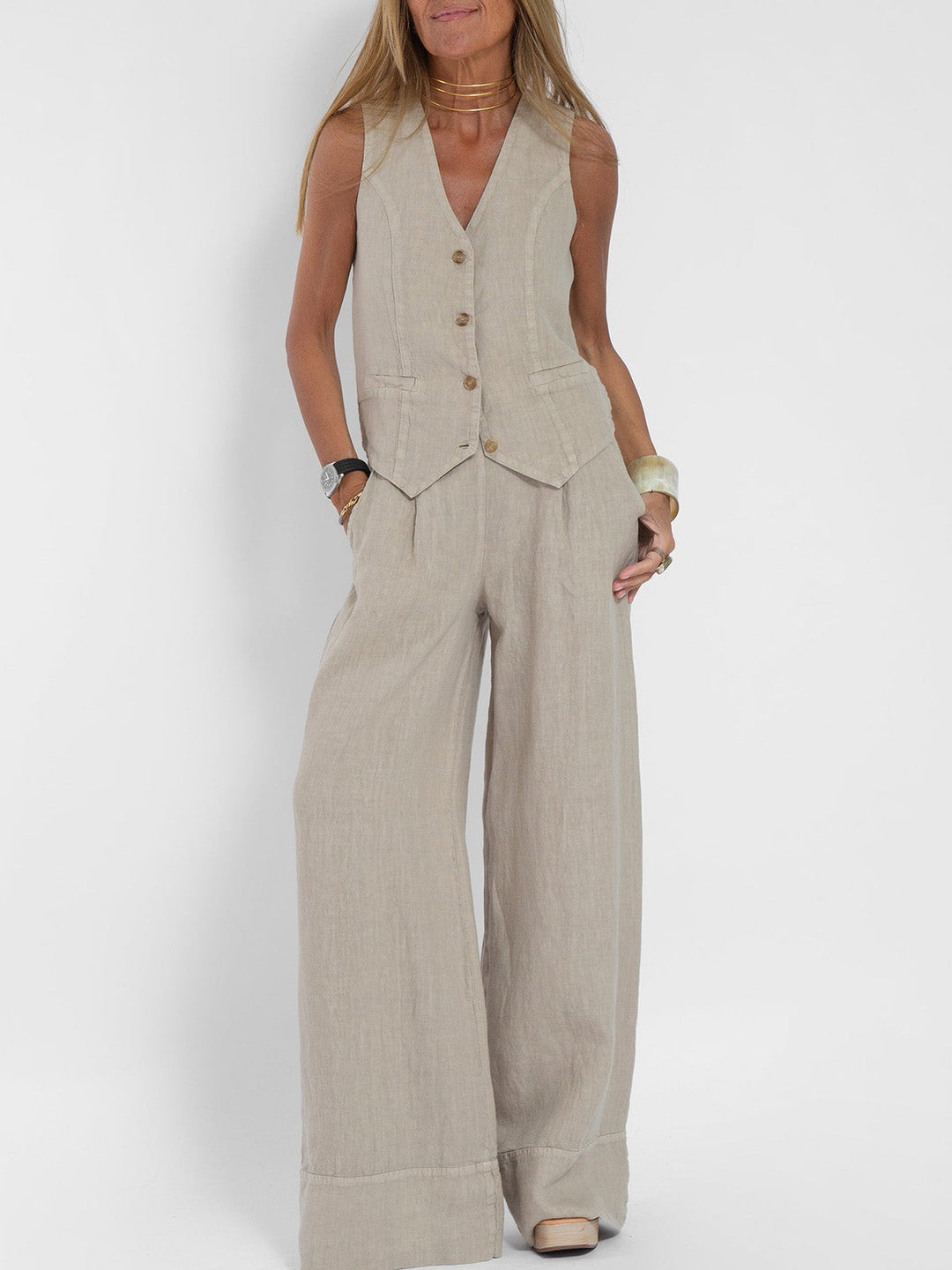 Aira Buttoned Vest & Wide-Leg Trousers Set - Elena Harper