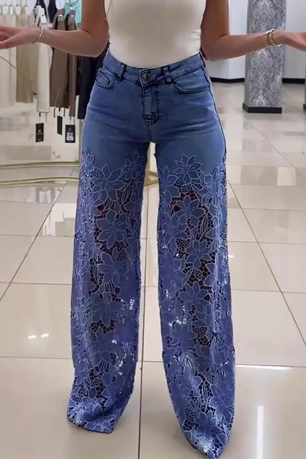 Fashion Hollow Lace Stitching Casual Pocket Denim Wide-leg Pants, view 4 - Elena Harper