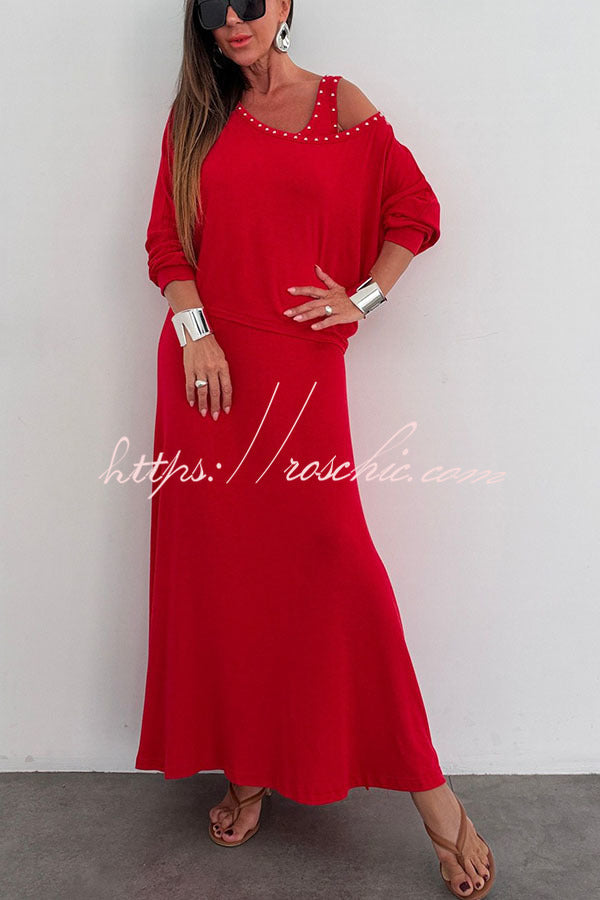 Samara Modal Beaded Detail Batwing Sleeves Loose Top and Tank Slit Maxi Dress Two Pieces Set, view 10 - Elena Harper