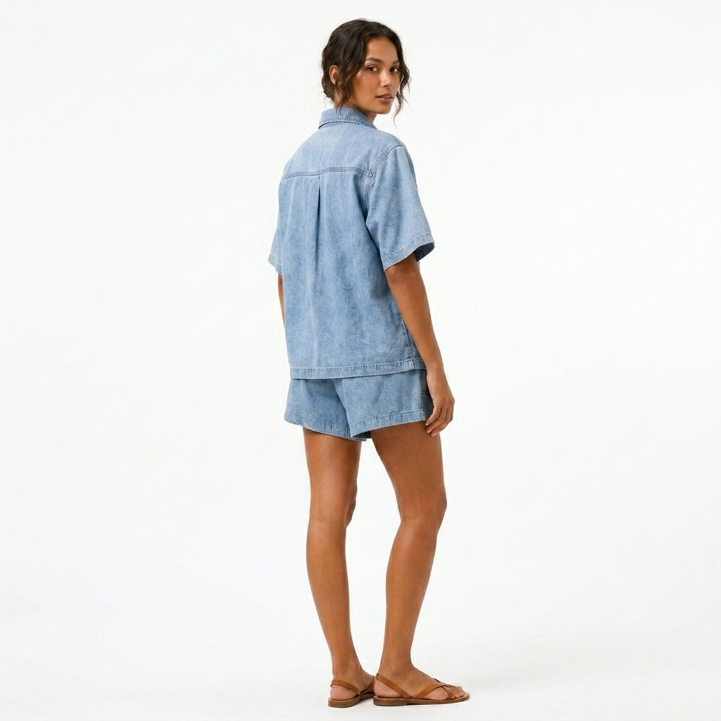 Blue Denim Two Piece Set Shirt and High-Waist Shorts