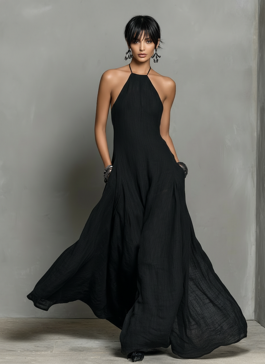 Women's Minimalist Sleeveless Maxi Dress in Linen Blend - Elena Harper