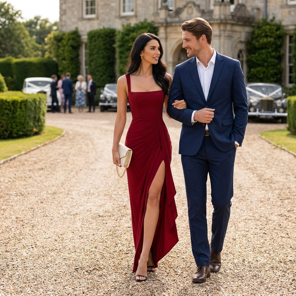 Burgundy Split Maxi Dress Wedding Guest Evening Outfit